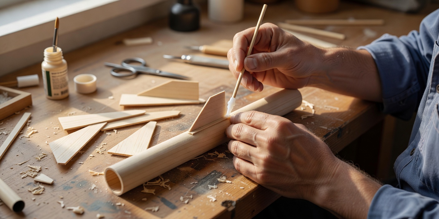 A person carefully applying glue to balsa wood fins on a model rocket tube