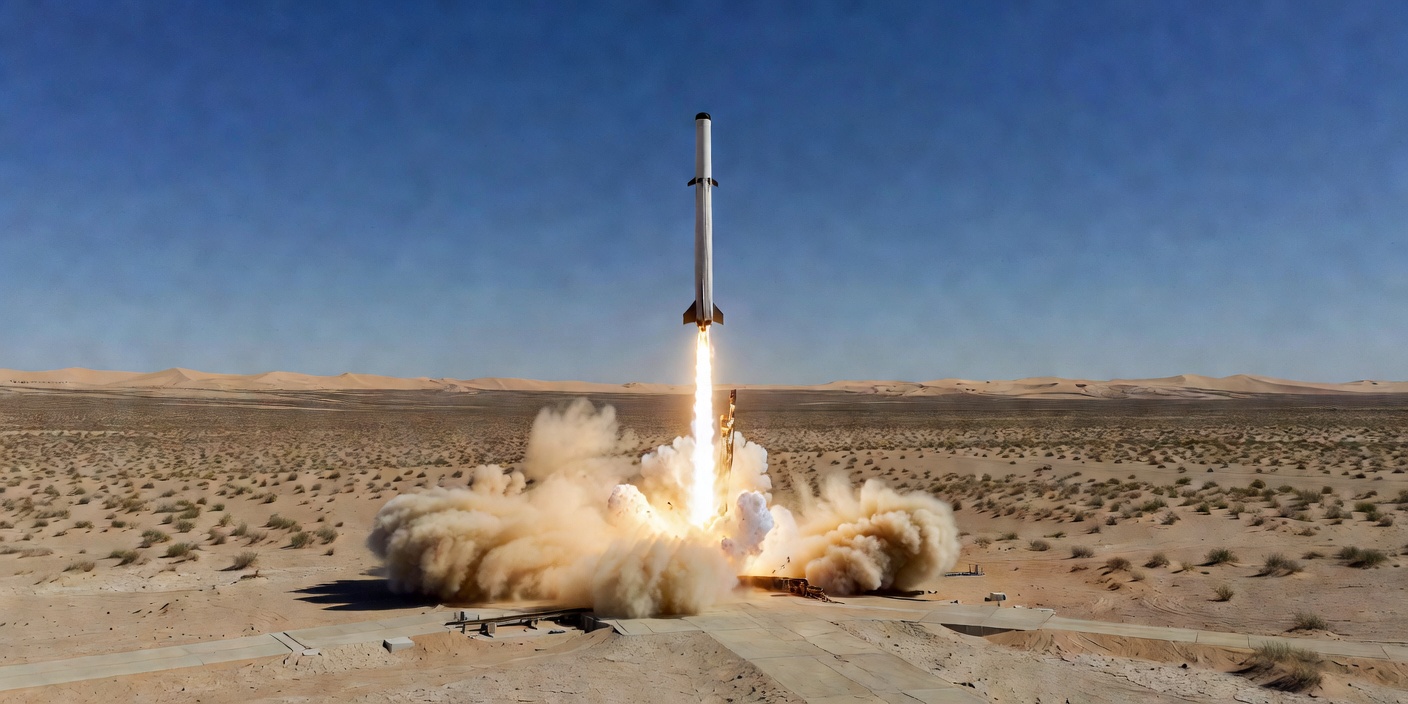 A large high power rocket ascending rapidly from a desert launch pad under natural daylight