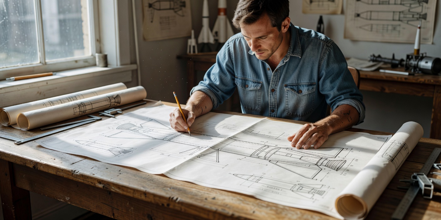 A person examining structural blueprints on a desk in bright natural daylight