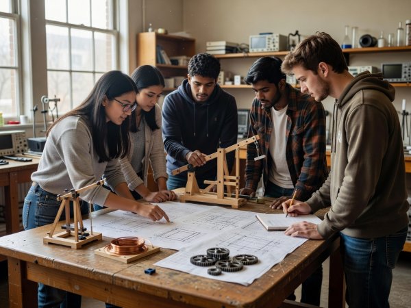 A group of individuals studying technical plans on a workbench in natural light